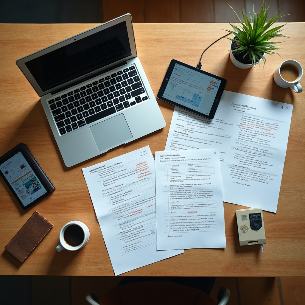 Přehled pracovního prostoru startupu s organizovanými materiály